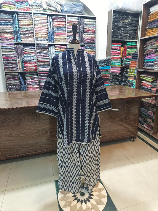 Embroidered stiched lawn short shirt trouser 2 pc nvy