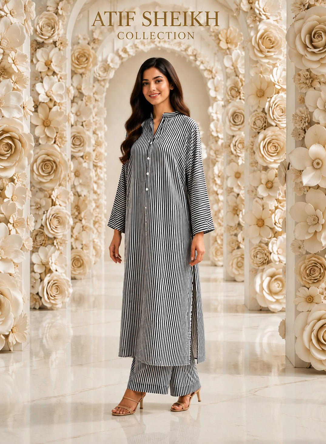 Arabic linen long shirt trouser stiched 2pc linesblk