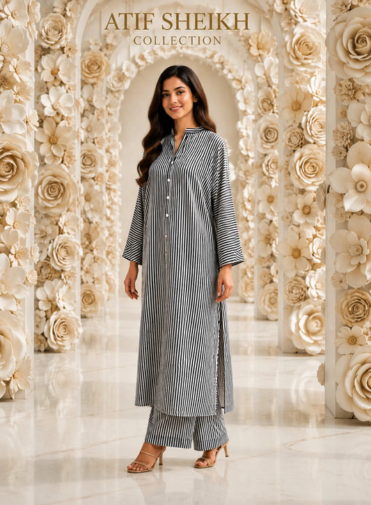 Arabic linen long shirt trouser stiched 2pc linesblk