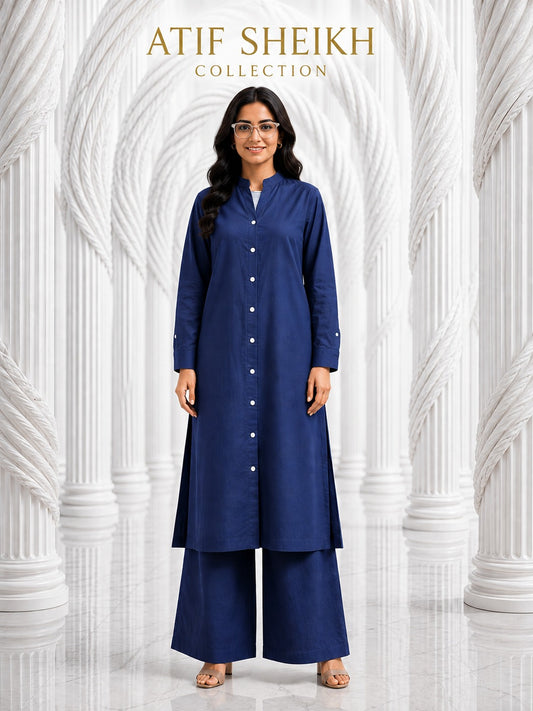 Binsaeed solid stiched khaddar shirt trouser 2pc  nvy blu
