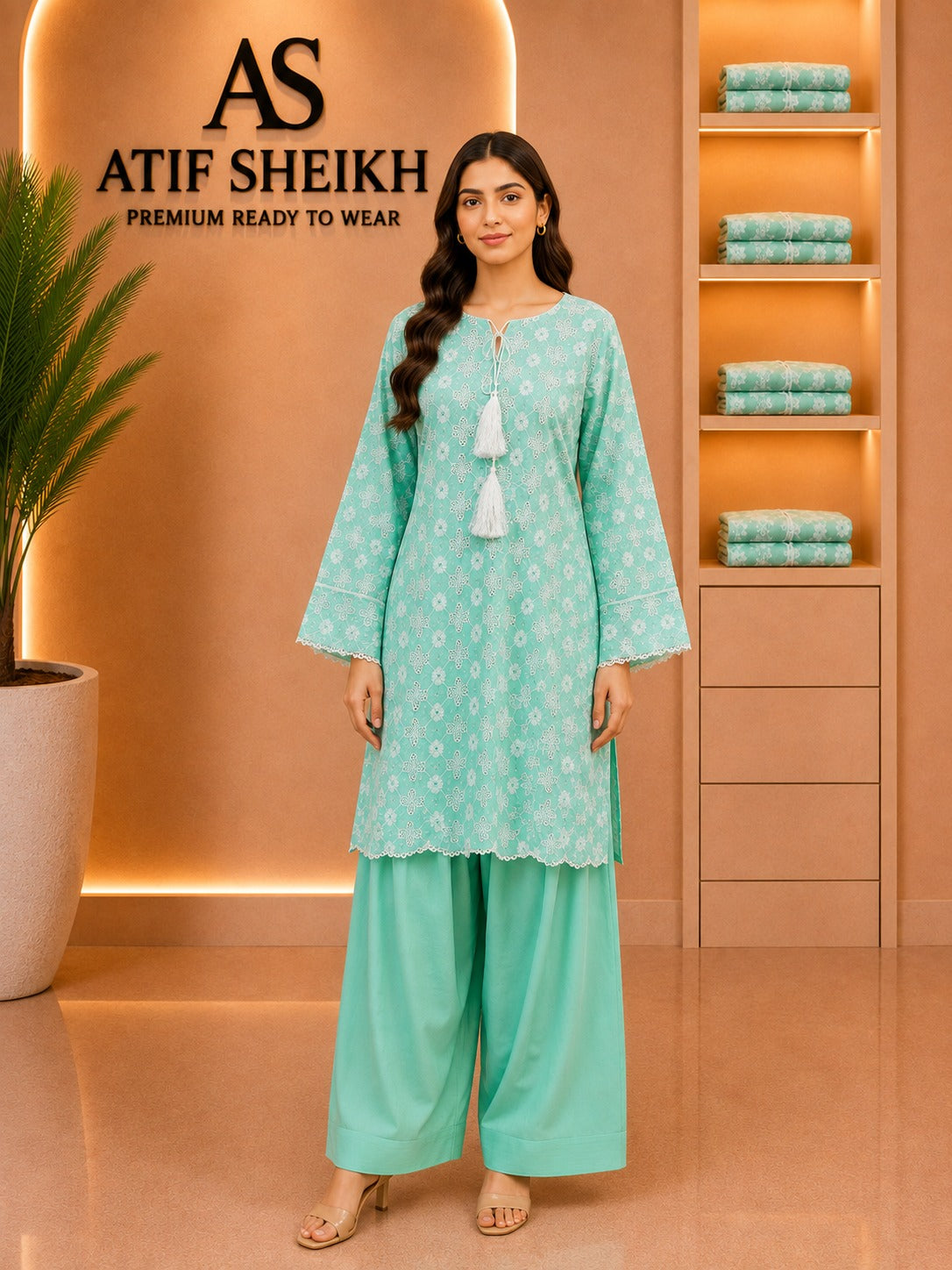 Lawn embroidered short shirt and shalwar 2pc aqua