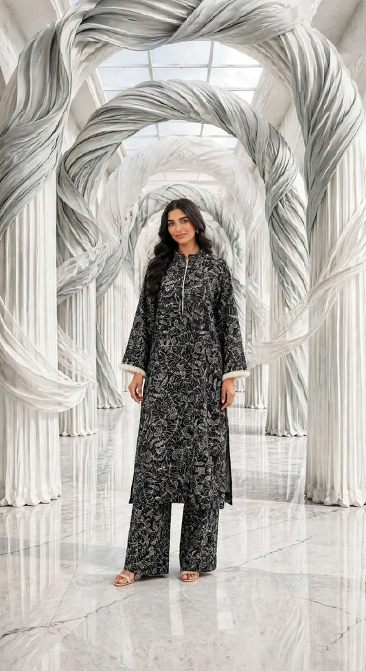 Cotroi winter fabric stiched long shirt trouser 2pc blk