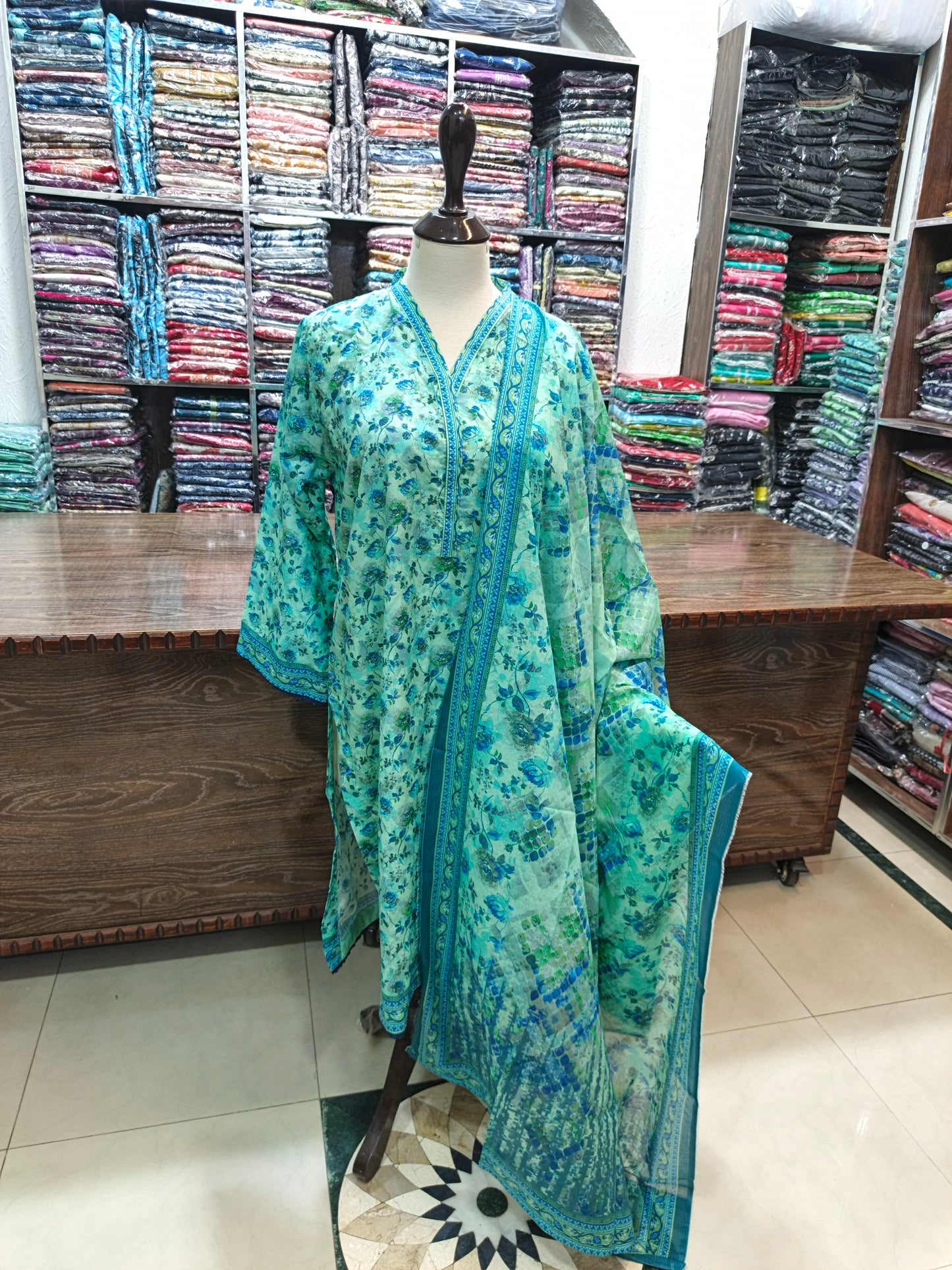 Binsaeed premium lawn stiched shalwar kameez 3pc grnblu2