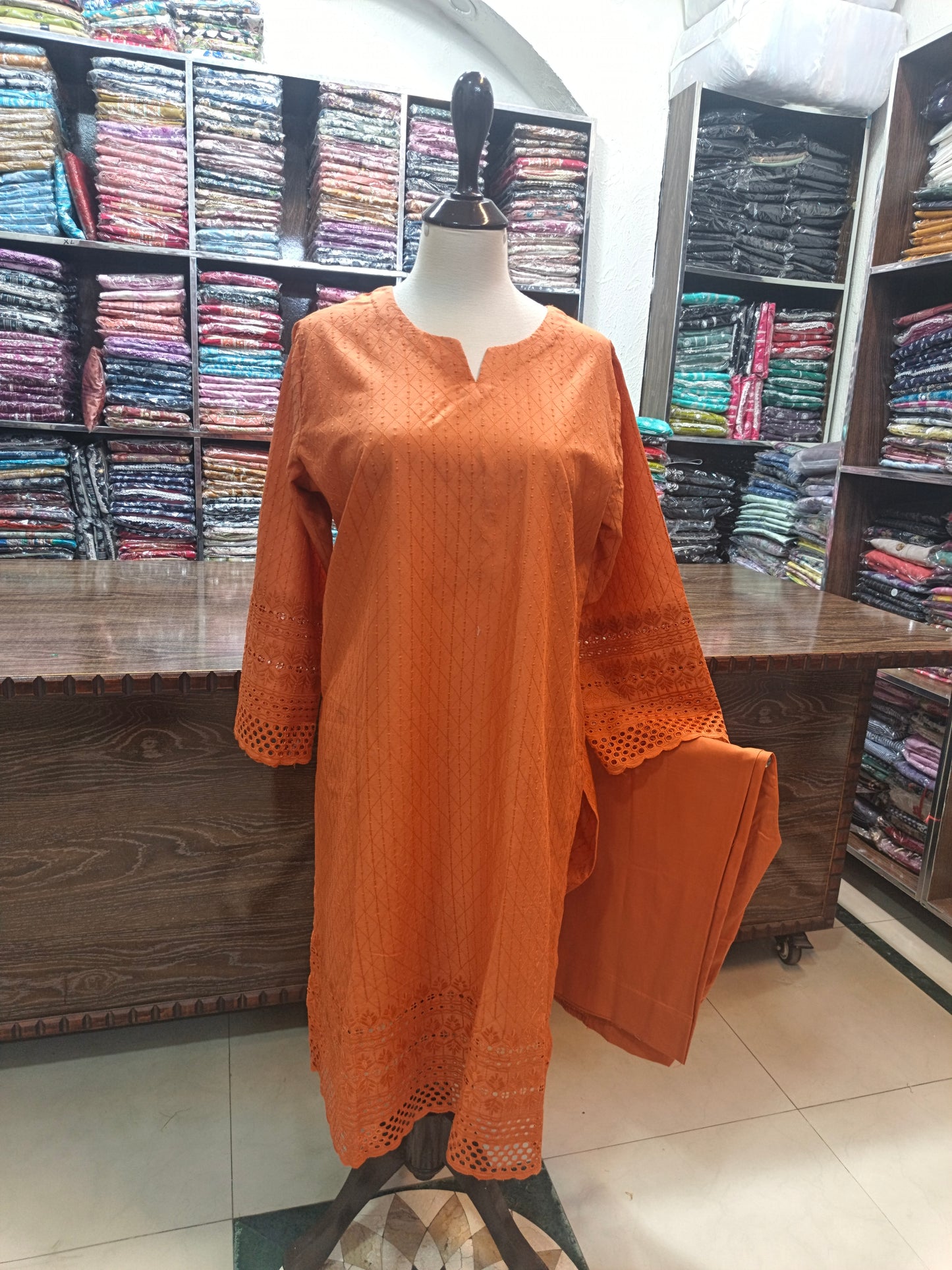 Lawn chikenkari embroidered stiched 2pc orng