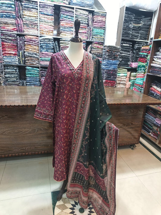 Binsaeed premium lawn stiched shalwar kameez 3pc flsgrn
