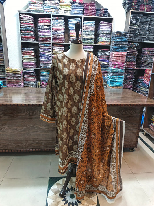 Binsaeed premium lawn stiched shirt trouser 3 pc brn2