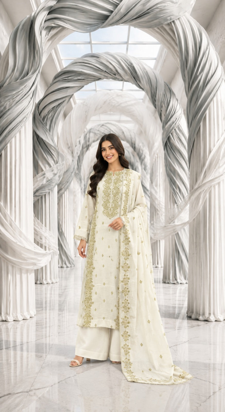 Karandi khaddar embroidered stiched long shirt trouser 3pc dhni