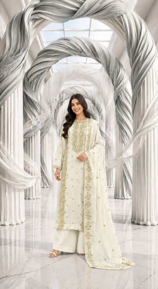Karandi khaddar embroidered stiched long shirt trouser 3pc dhni