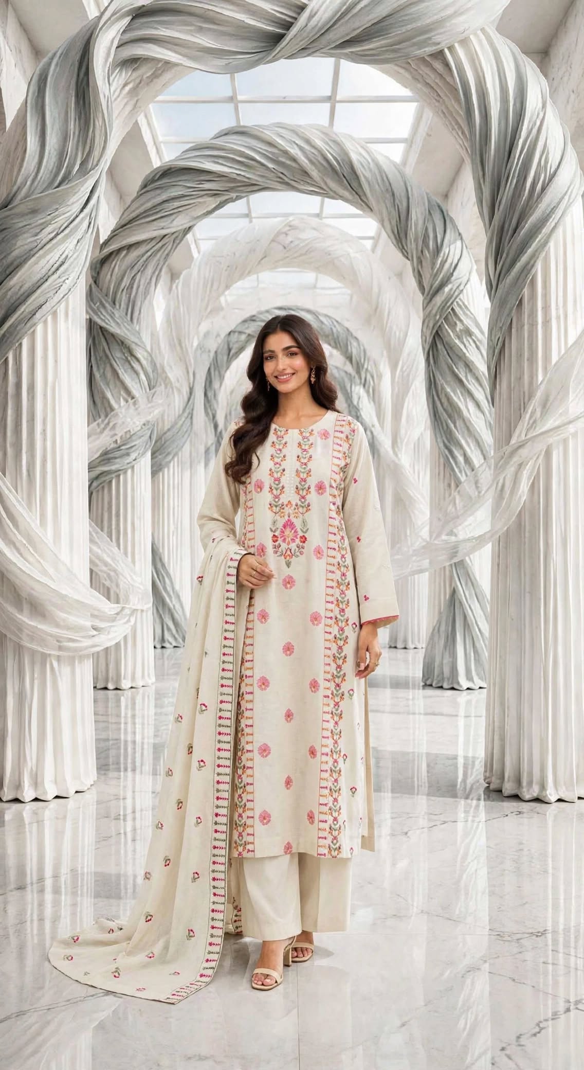 Karandi khaddar embroidered stiched long shirt trouser 3pc pnkgla