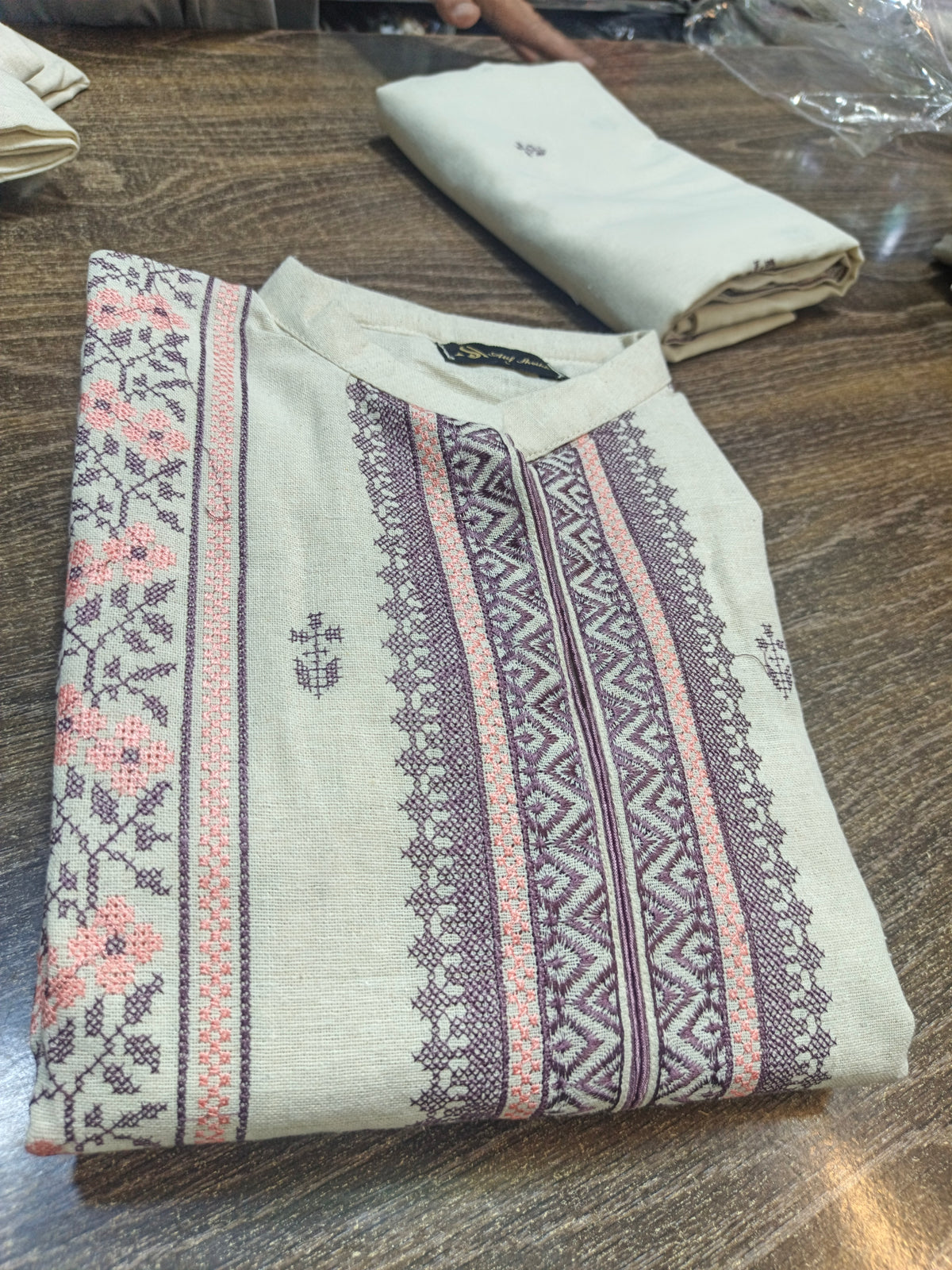 Karandi khaddar embroidered stiched long shirt trouser 3pc plmgla