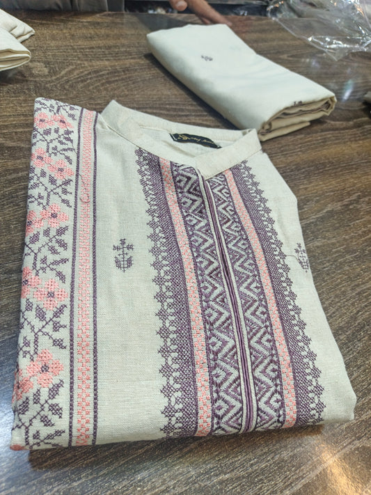 Karandi khaddar embroidered stiched long shirt trouser 3pc plmgla