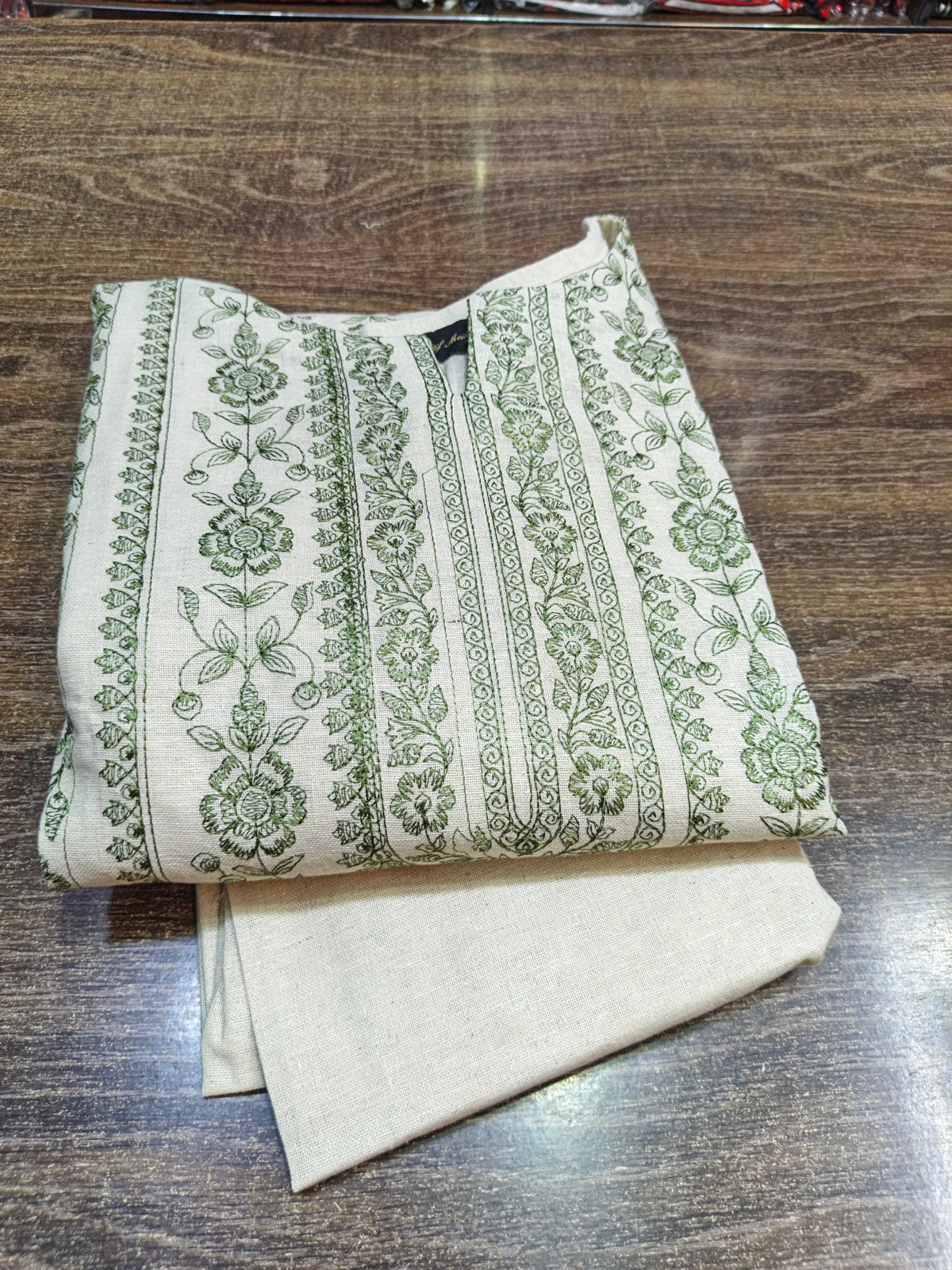 Khaddar embroidered stiched long shirt trouser 3pc gren