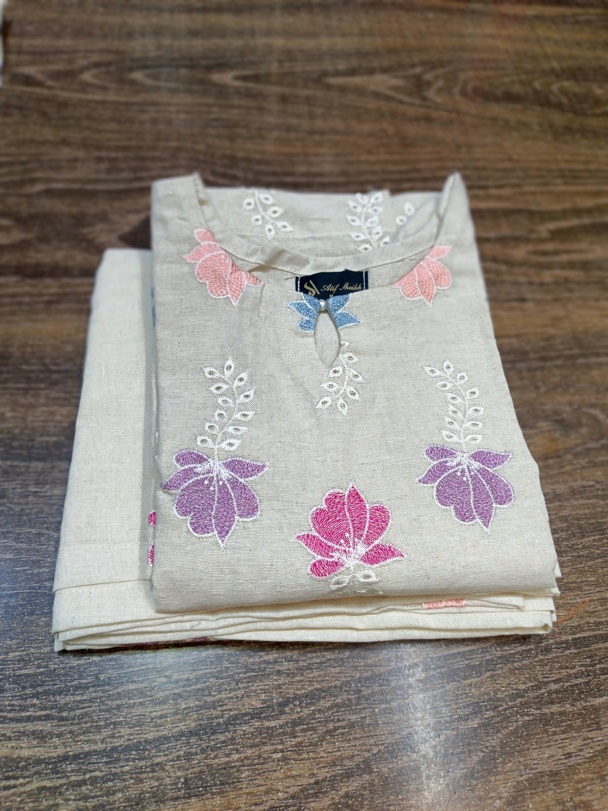Karandi khaddar embroidered stiched long shirt trouser 3pc mtv