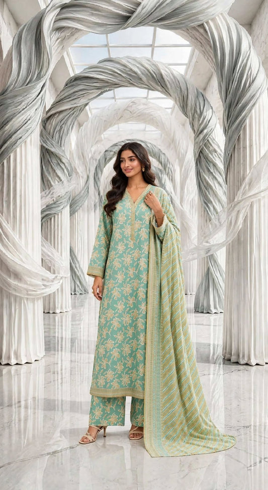 Binsaeed khaddar stiched long shirt trouser 3pc ice