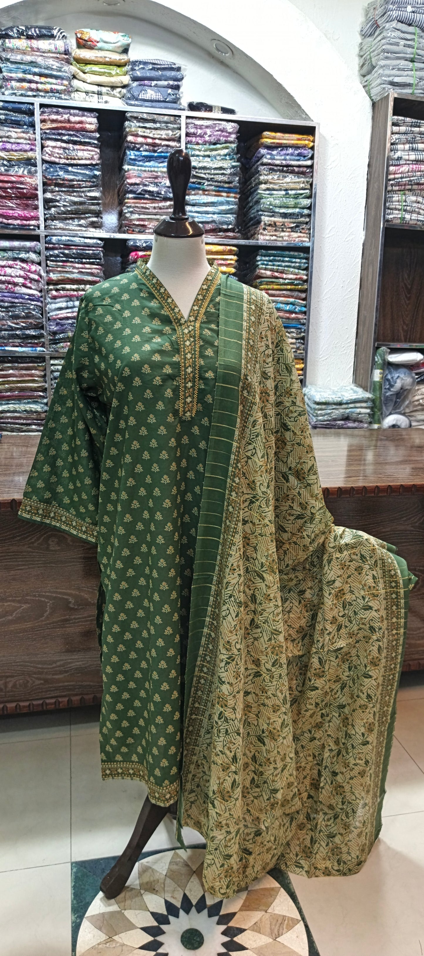 Bin saeed premium lawn stiched shirt trouser 3 pc green