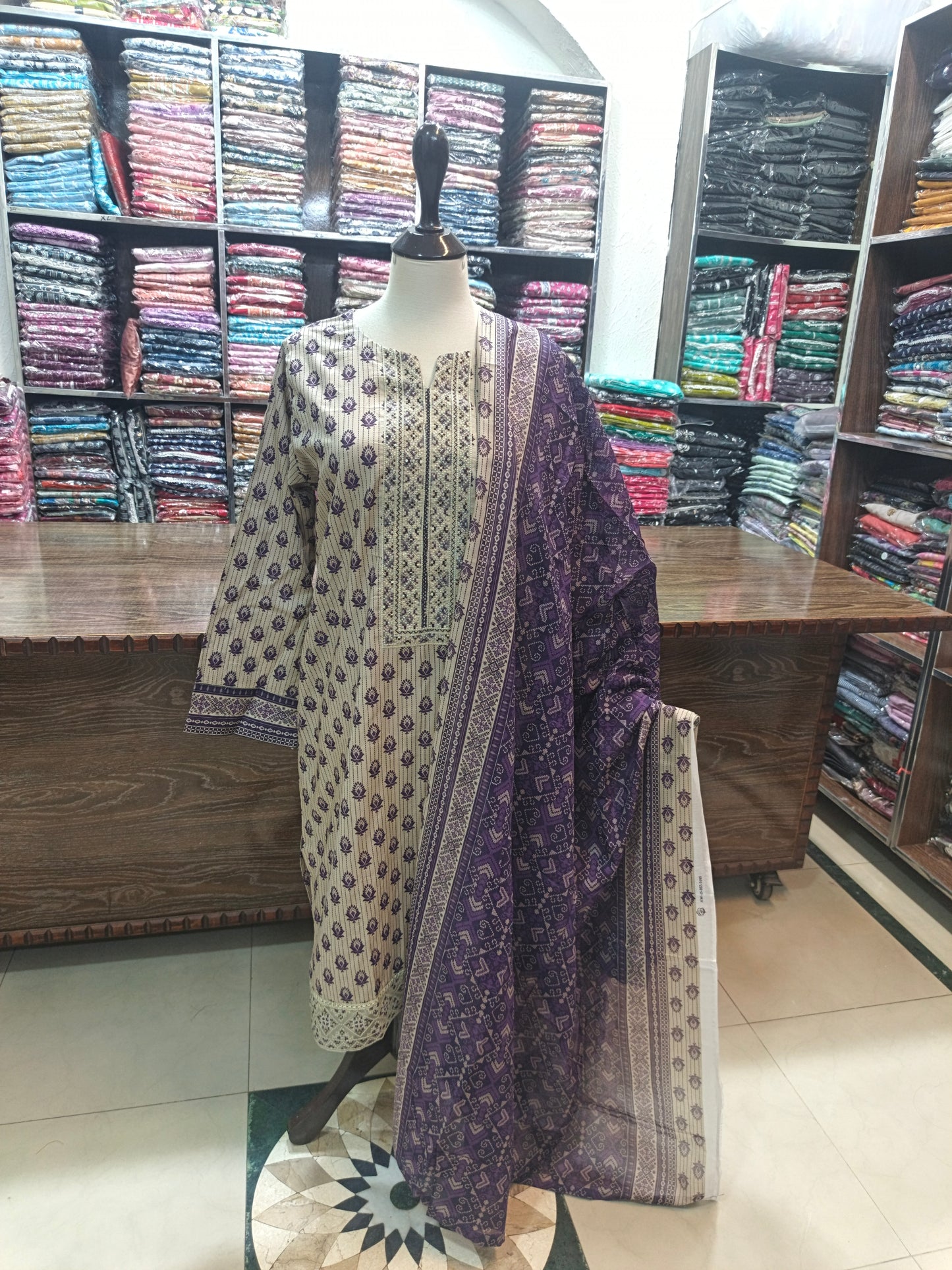 Binsaeed embroidered stiched shirt trouser 3pc prpl