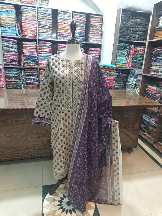 Binsaeed embroidered stiched shirt trouser 3pc prpl