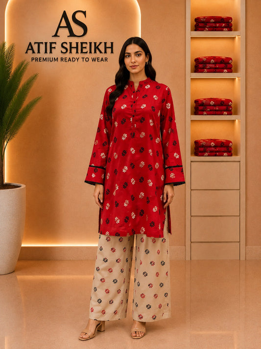 Breeze embroidered stiched lawn short shirt trouser 2 pc red