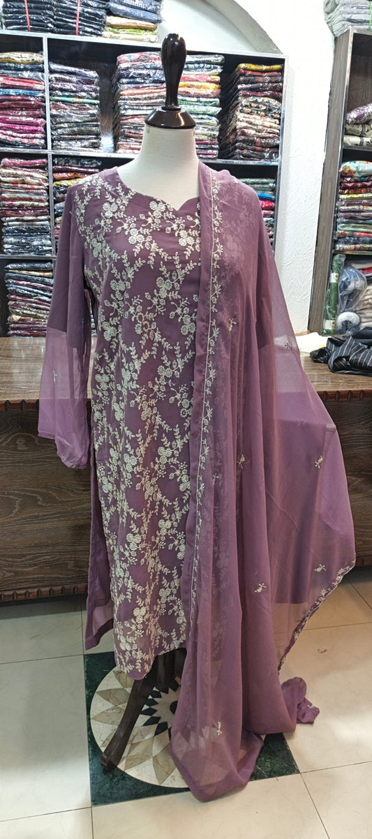 Chiffon embroidered stiched 3 pc long shirt trouser