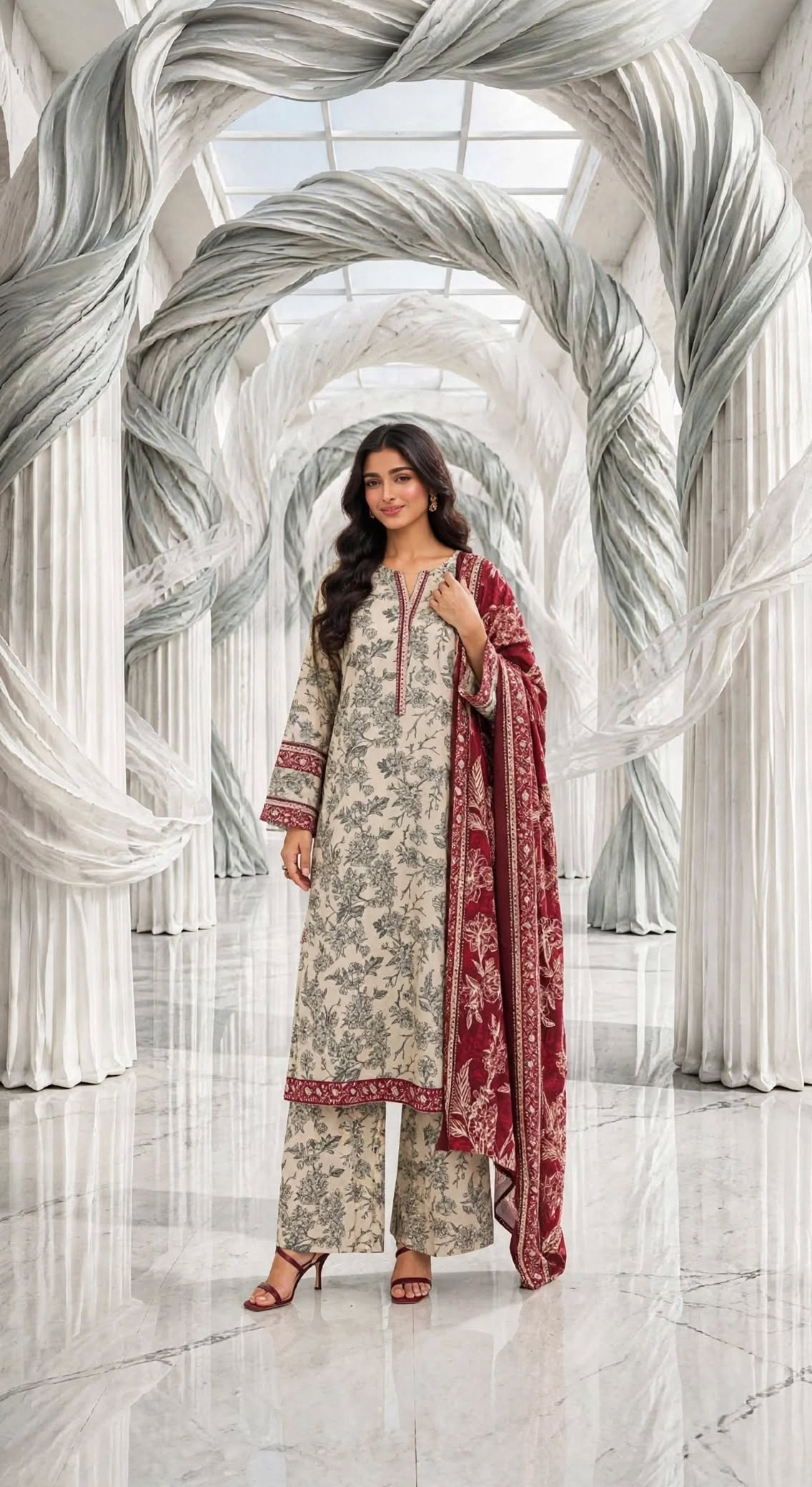 Binsaeed khaddar stiched long shirt trouser 3 pc sknmrn