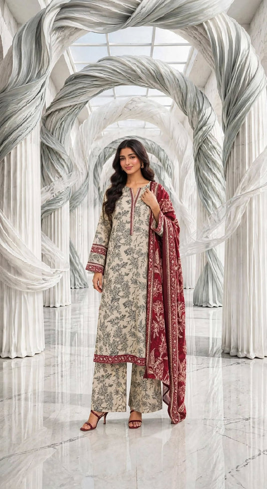 Binsaeed khaddar stiched long shirt trouser 3 pc sknmrn