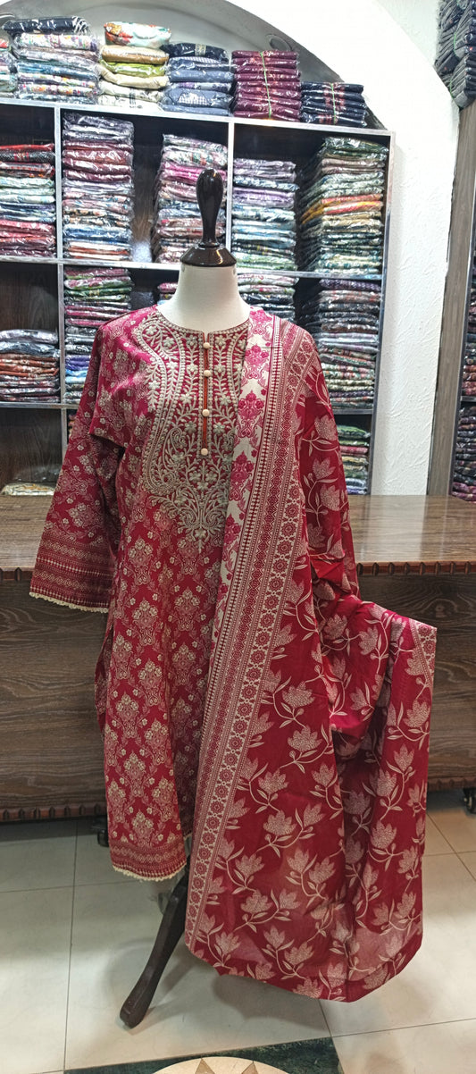 Hz embroidered premium lawn stiched shirt trouser 3 pc Rd