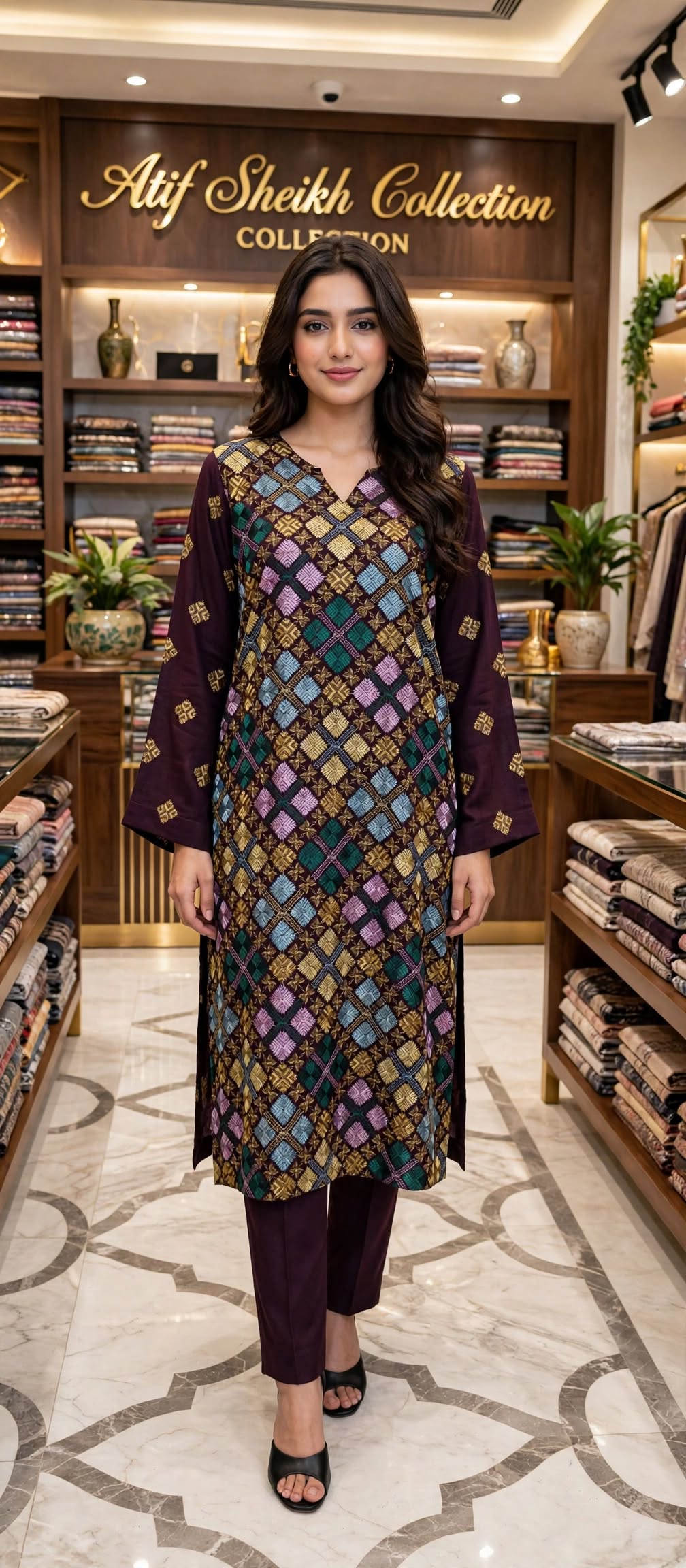 Karandi embroidered stiched long shirt trouser 2 pc marjcrs