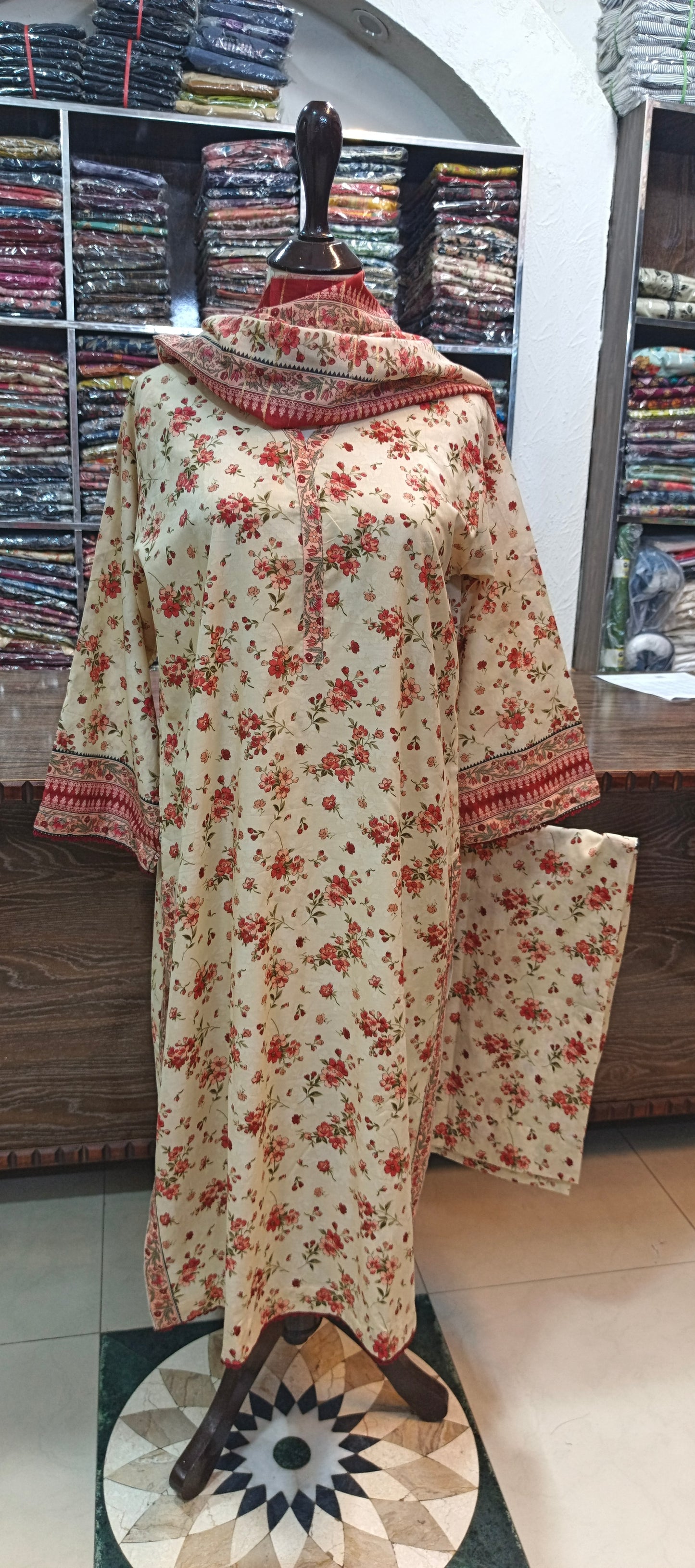 Bin saeed long shirt trouser stiched 3 pc crmred