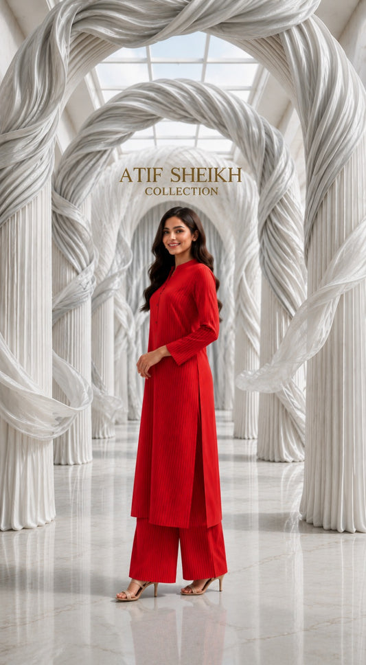 Linen stiched long shirt trouser 2 pc redline