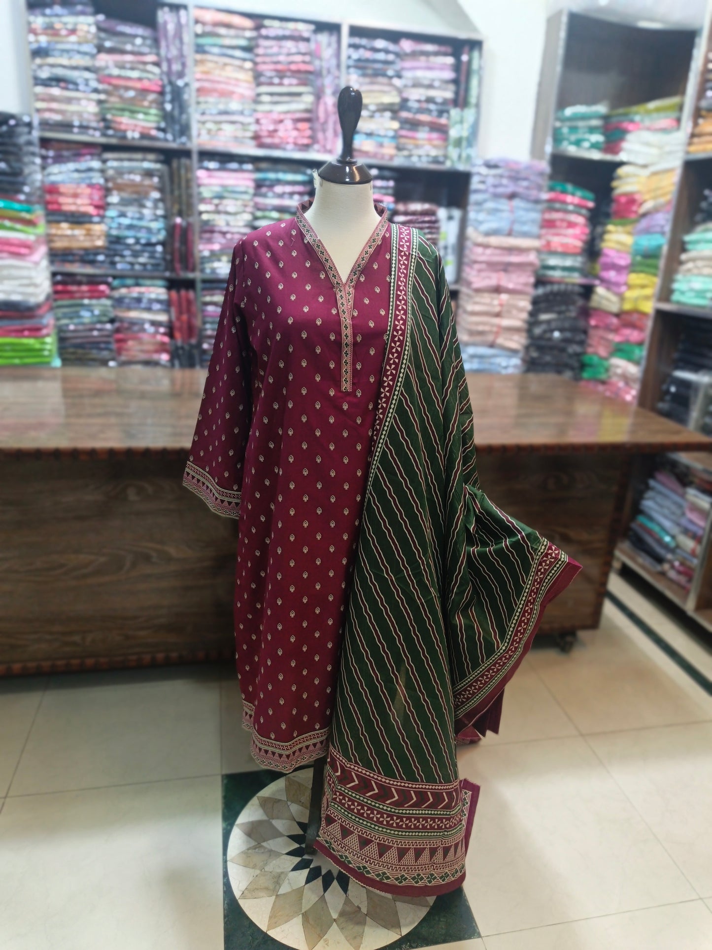 Binsaeed premium lawn stiched shirt trouser 3 pc brgren