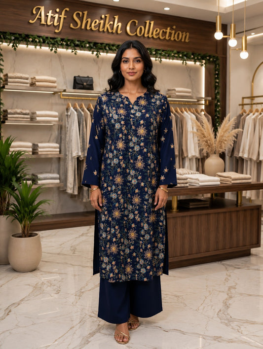 Karandi embroidered stiched long shirt trouser 2pc nvygld