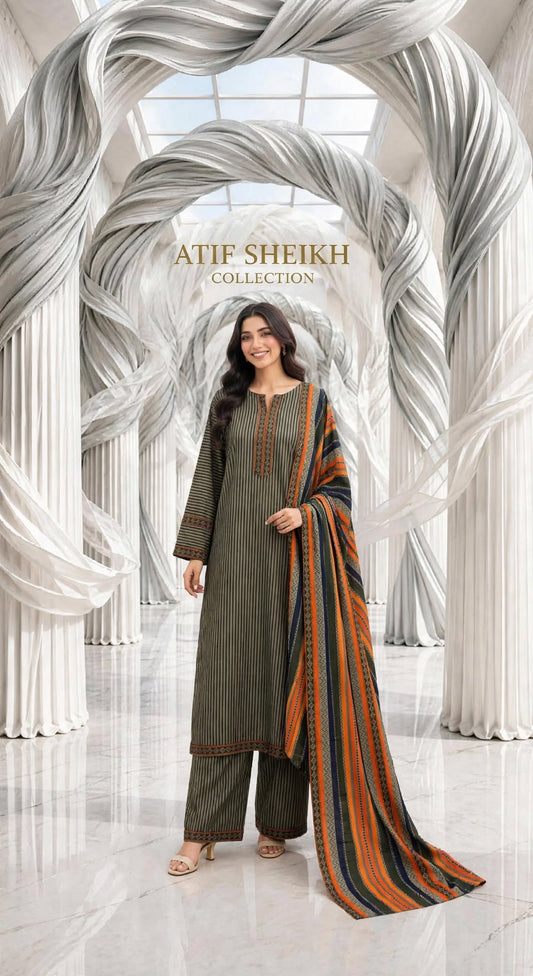 Binsaeed khaddar stiched long shirt trouser 3pc multi