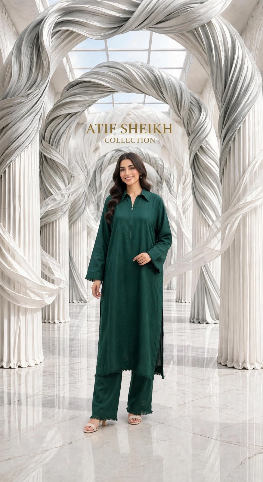 Binsaeed solid khaddar stiched long shirt trouser 2pc Bg2