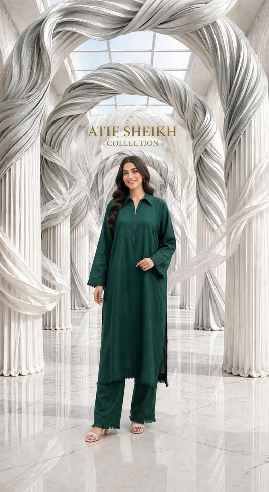 Binsaeed solid khaddar stiched long shirt trouser 2pc Bg2
