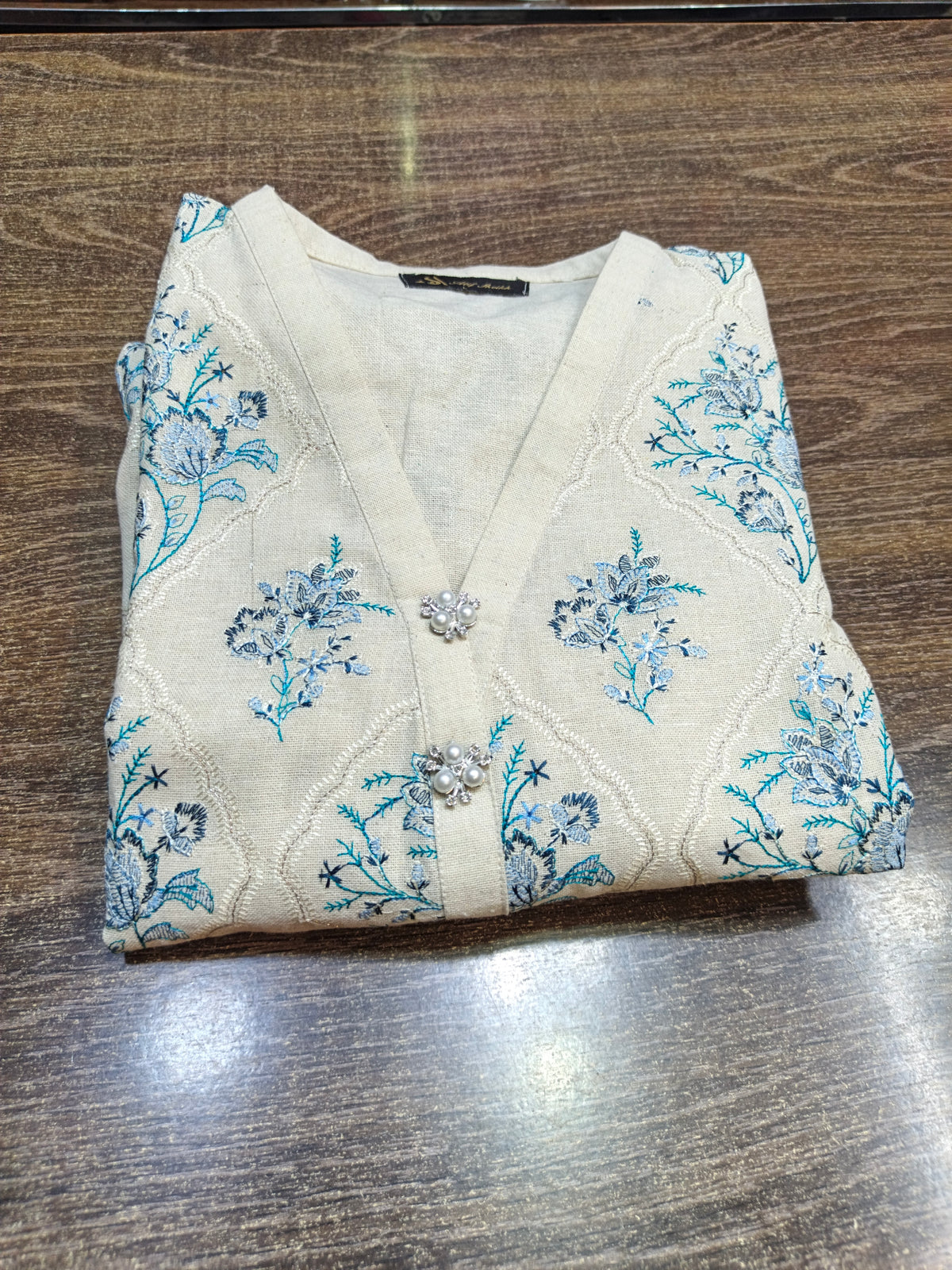 Khaddar embroidered stiched long shirt trouser 3 pc bluB