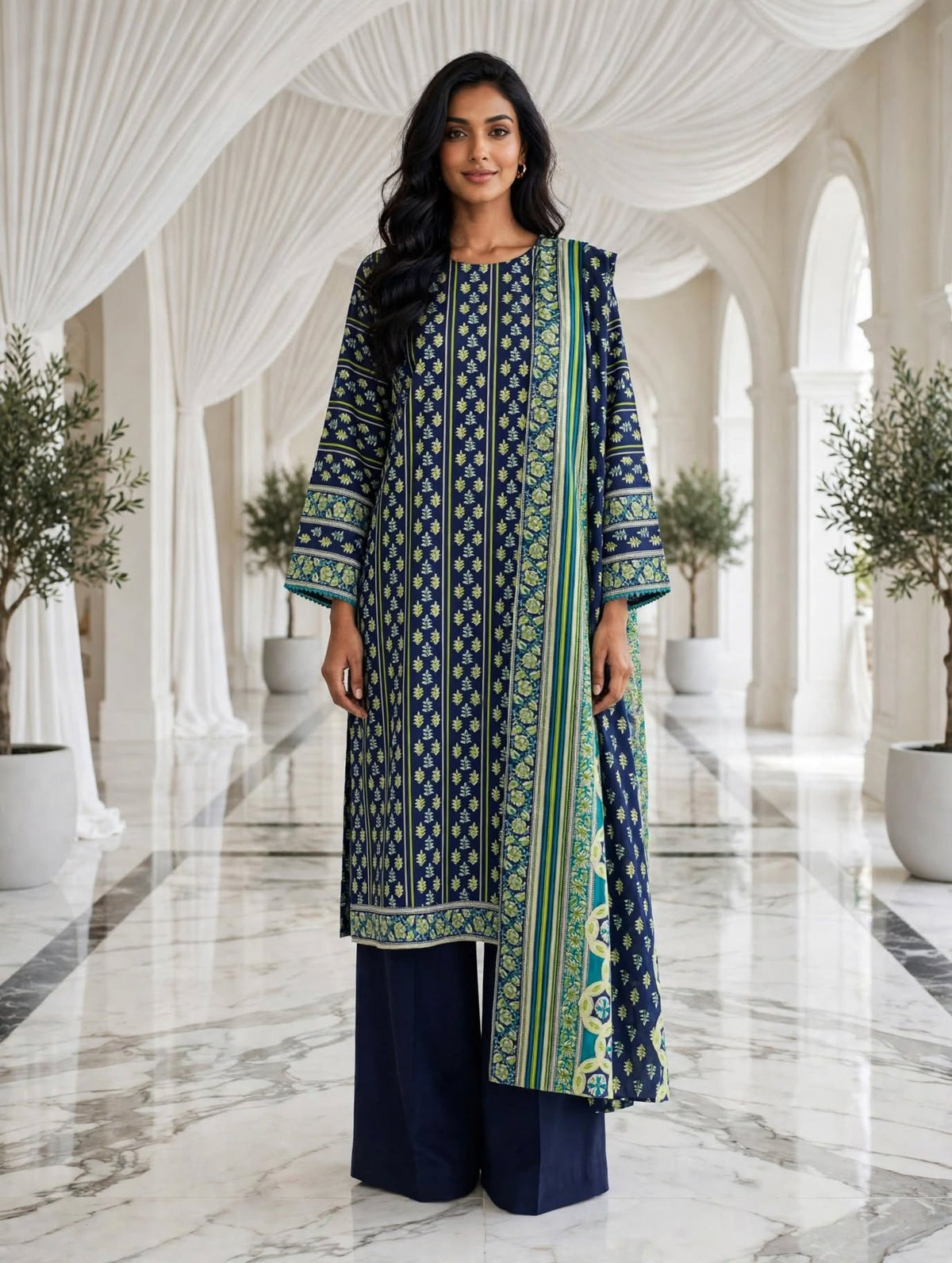 Binsaeed khaddar stiched long shirt trouser 3pc Rblu