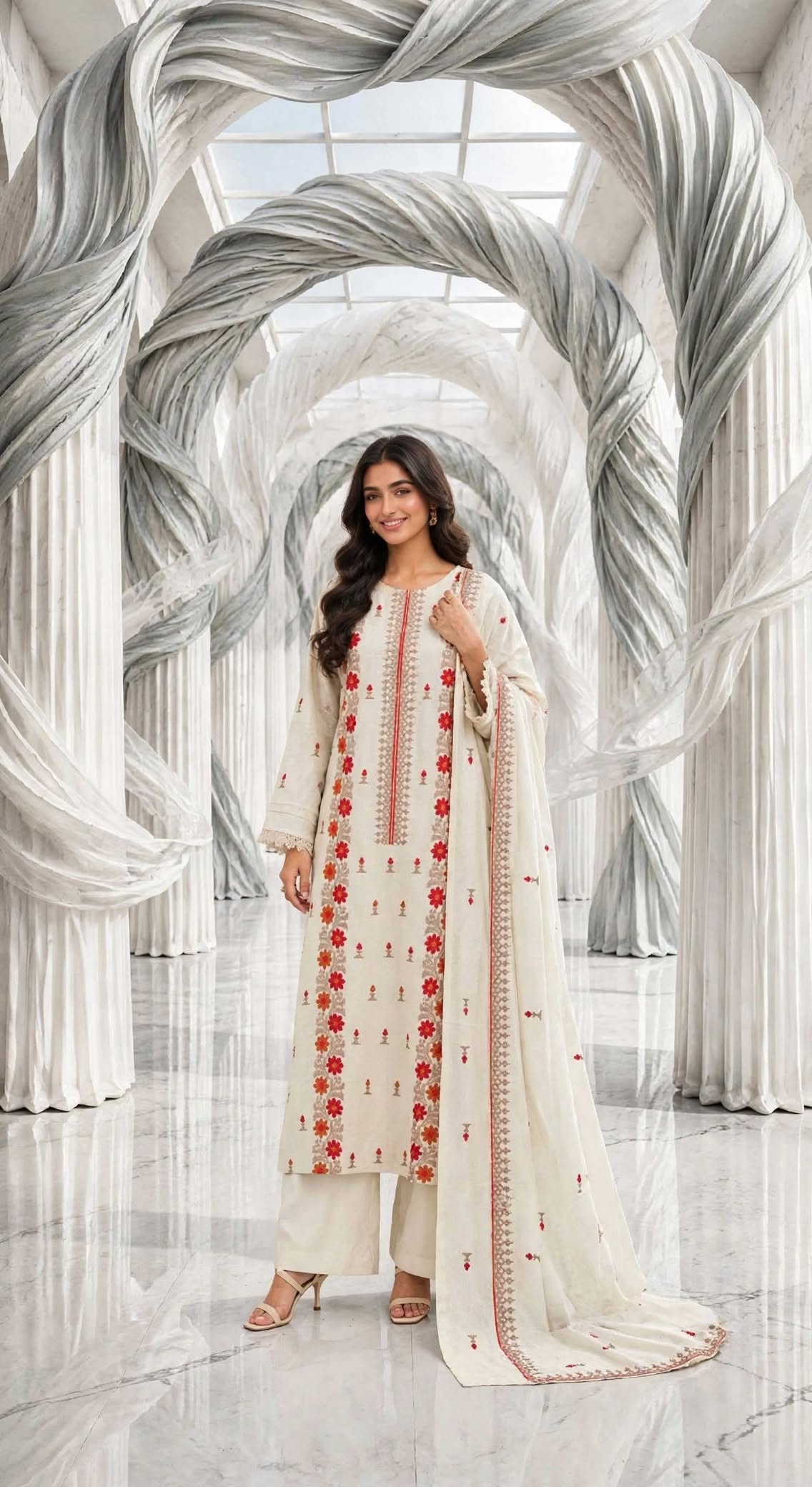 Karandi khaddar embroidered stiched long shirt trouser 3pc pchskn