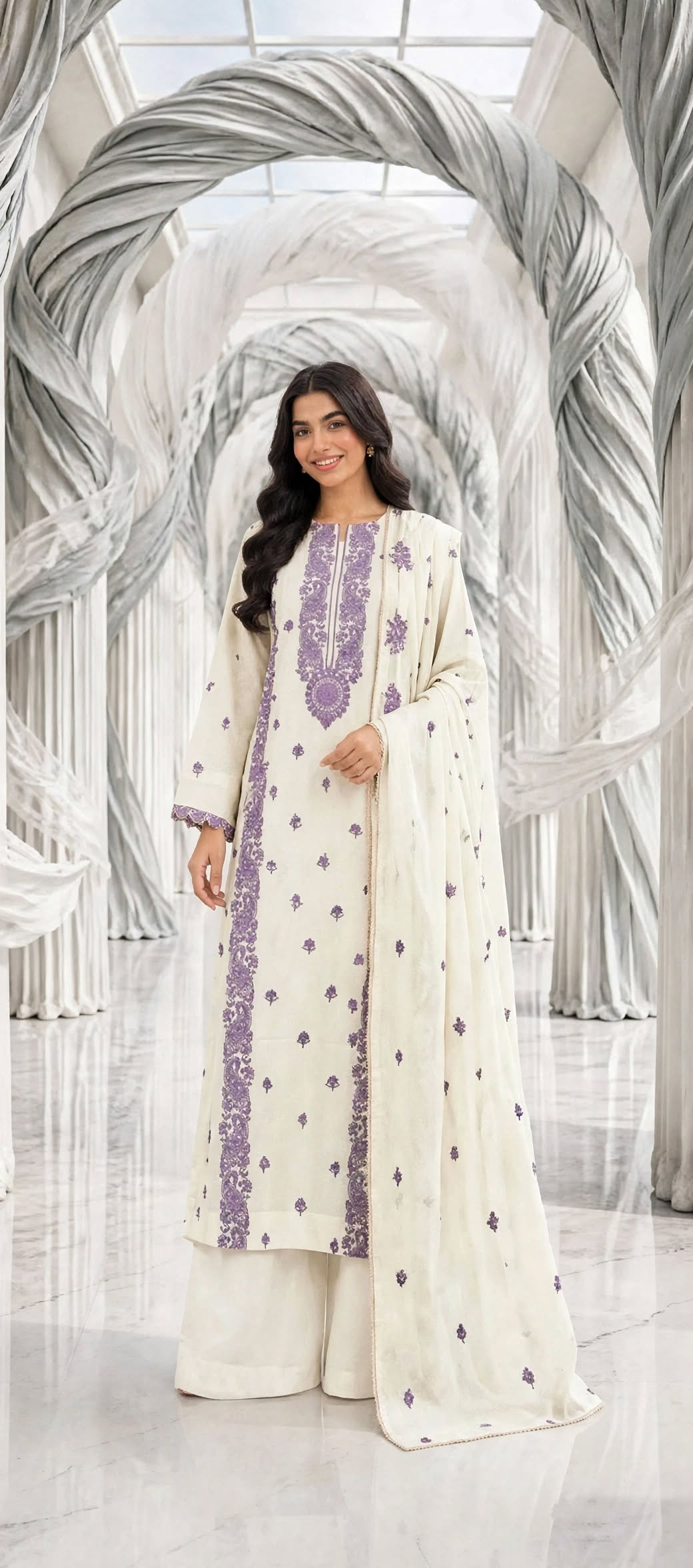 Khaddar embroidered stiched long shirt trouser 3pc lilacgla