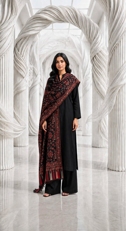 Binsaeed solid khaddar stiched long shirt trouser 3 pc blkshl
