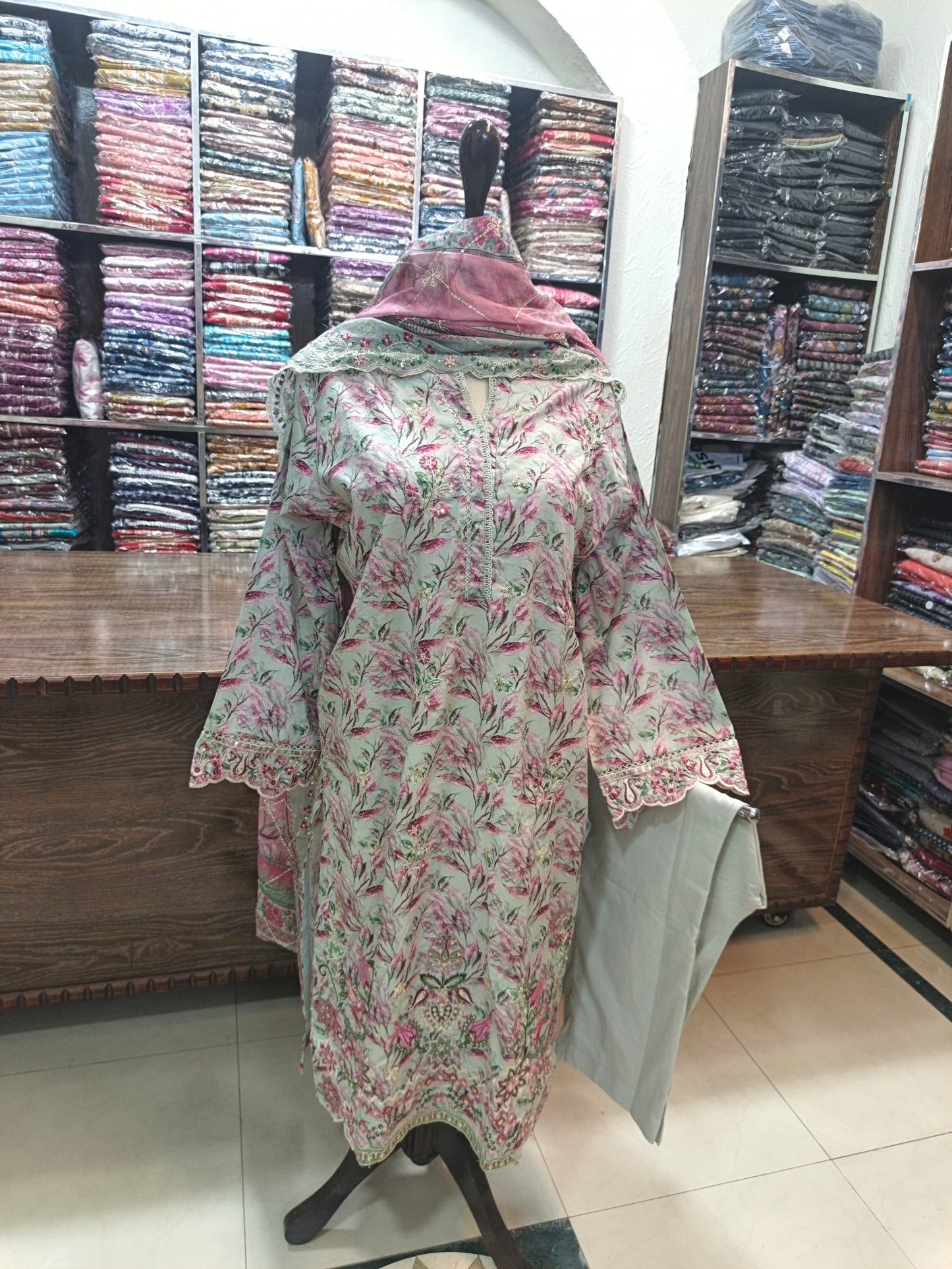 Binsaeed luxury embroidered stiched shirt trouser 3pc pista