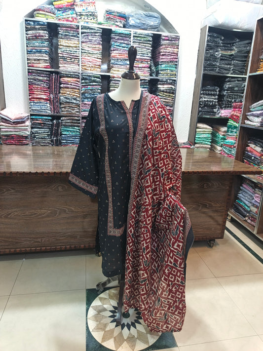 Binsaeed premium lawn stiched shirt trouser 3 pc blknw