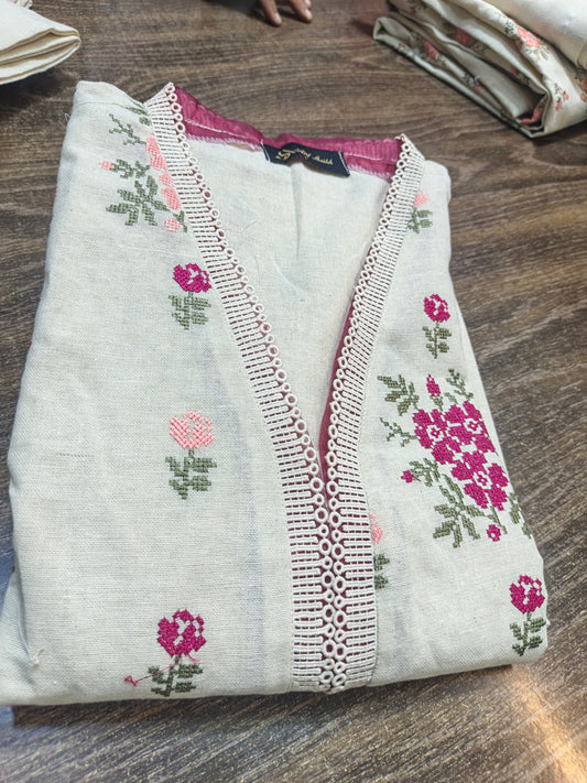 Karandi khaddar embroidered stiched long shirt trouser 3pc pchcrs