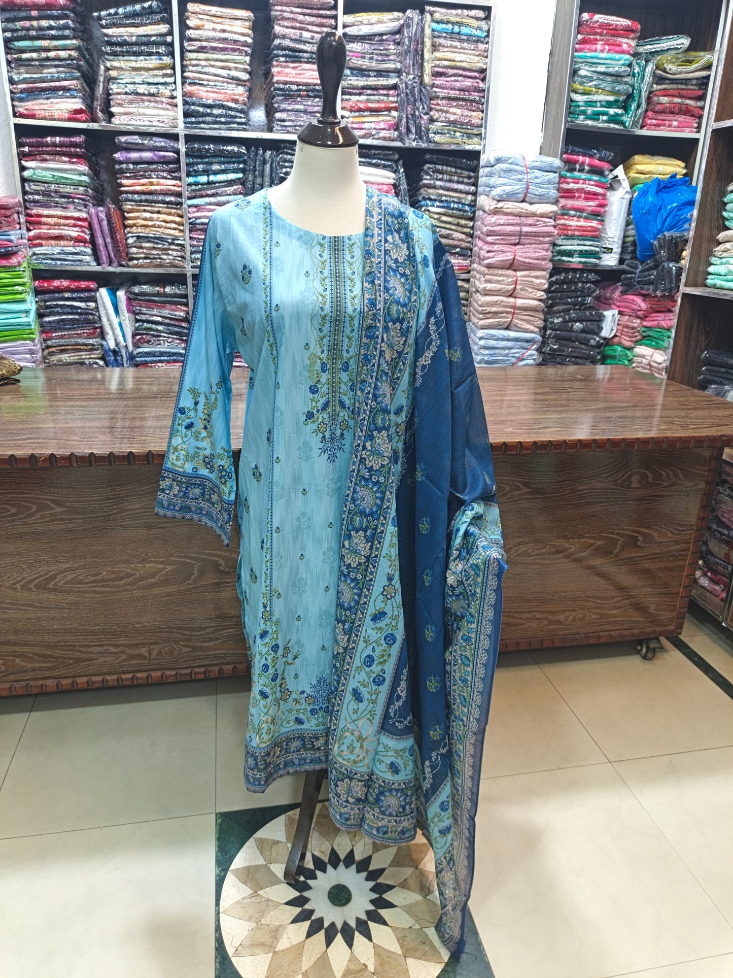 Binsaeed premium lawn stiched shalwar kameez 3 pc sky