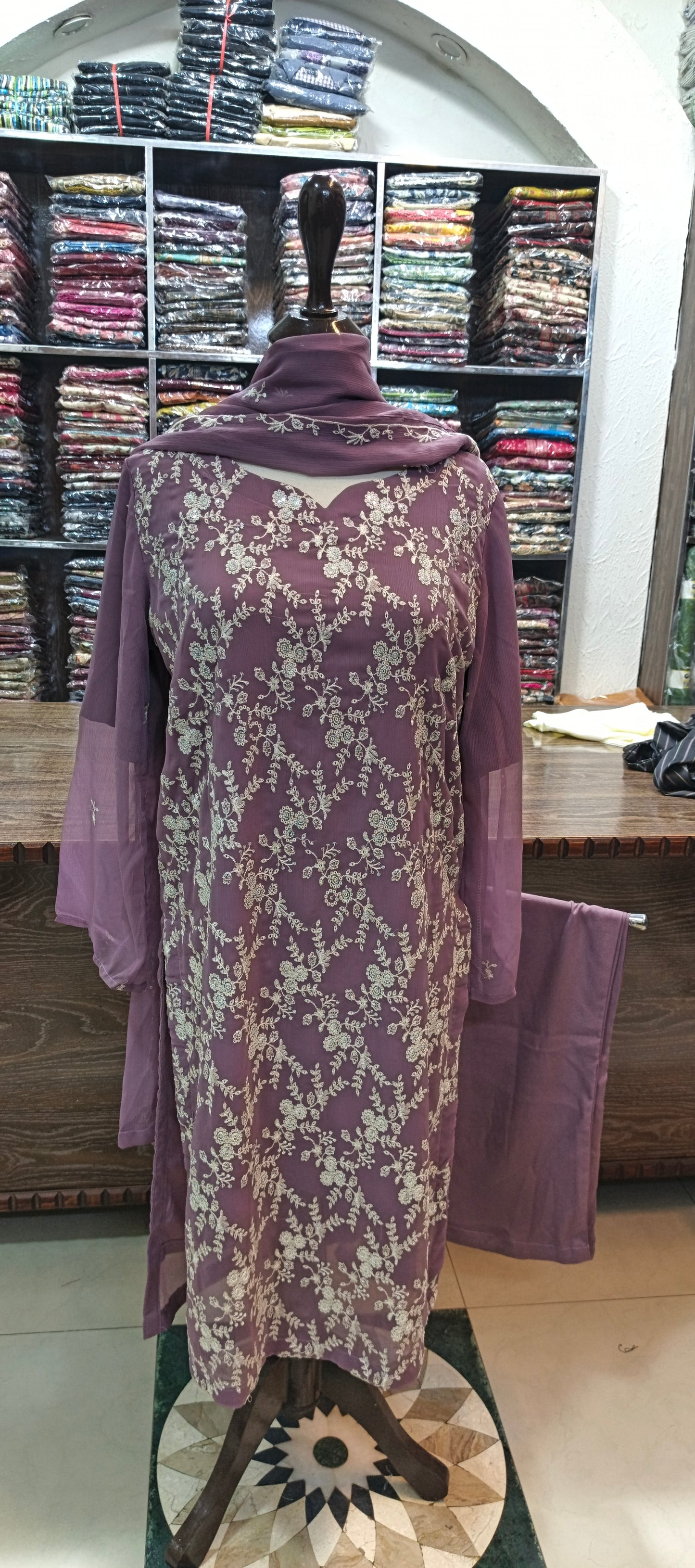 Chiffon embroidered stiched 3 pc long shirt trouser