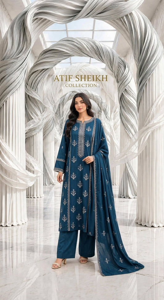 Karandi embroidered stiched shirt trouser 3pc teel