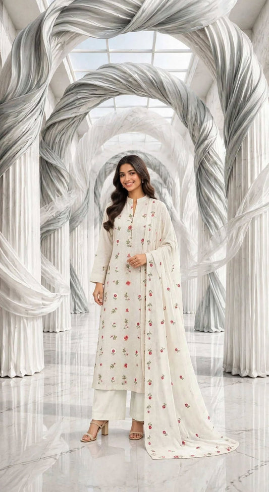 Karandi embroidered stiched long shirt trouser 3pc pnkgrn