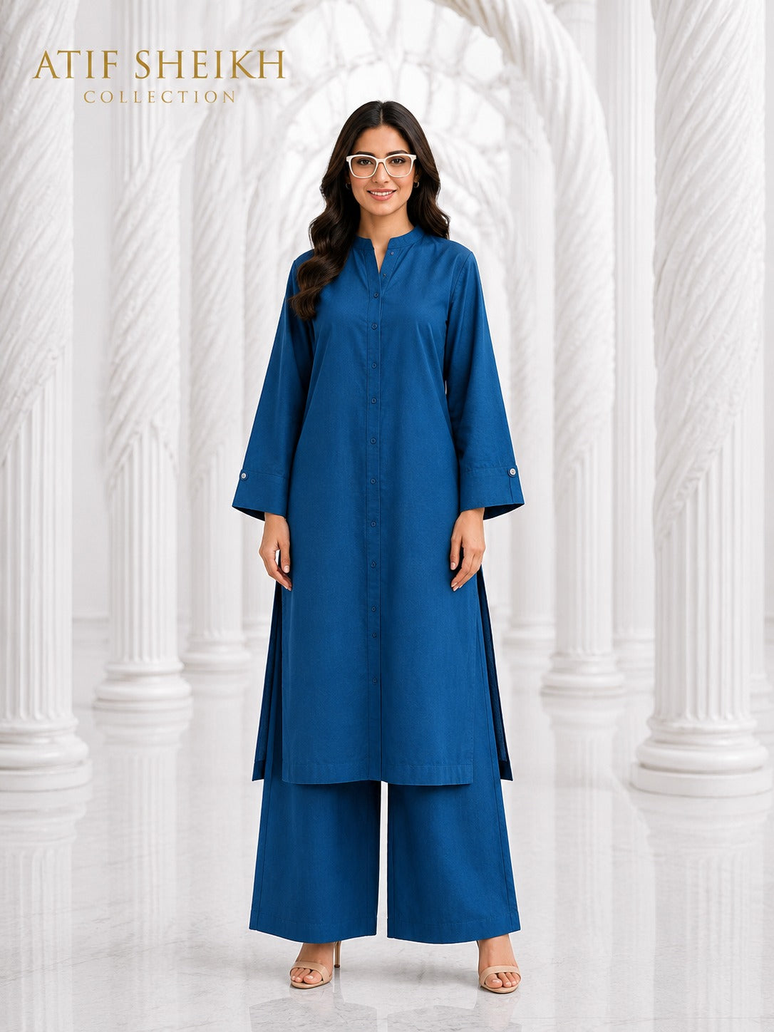 Binsaeed solid khaddar stiched shirt trouser 2 pc engblu