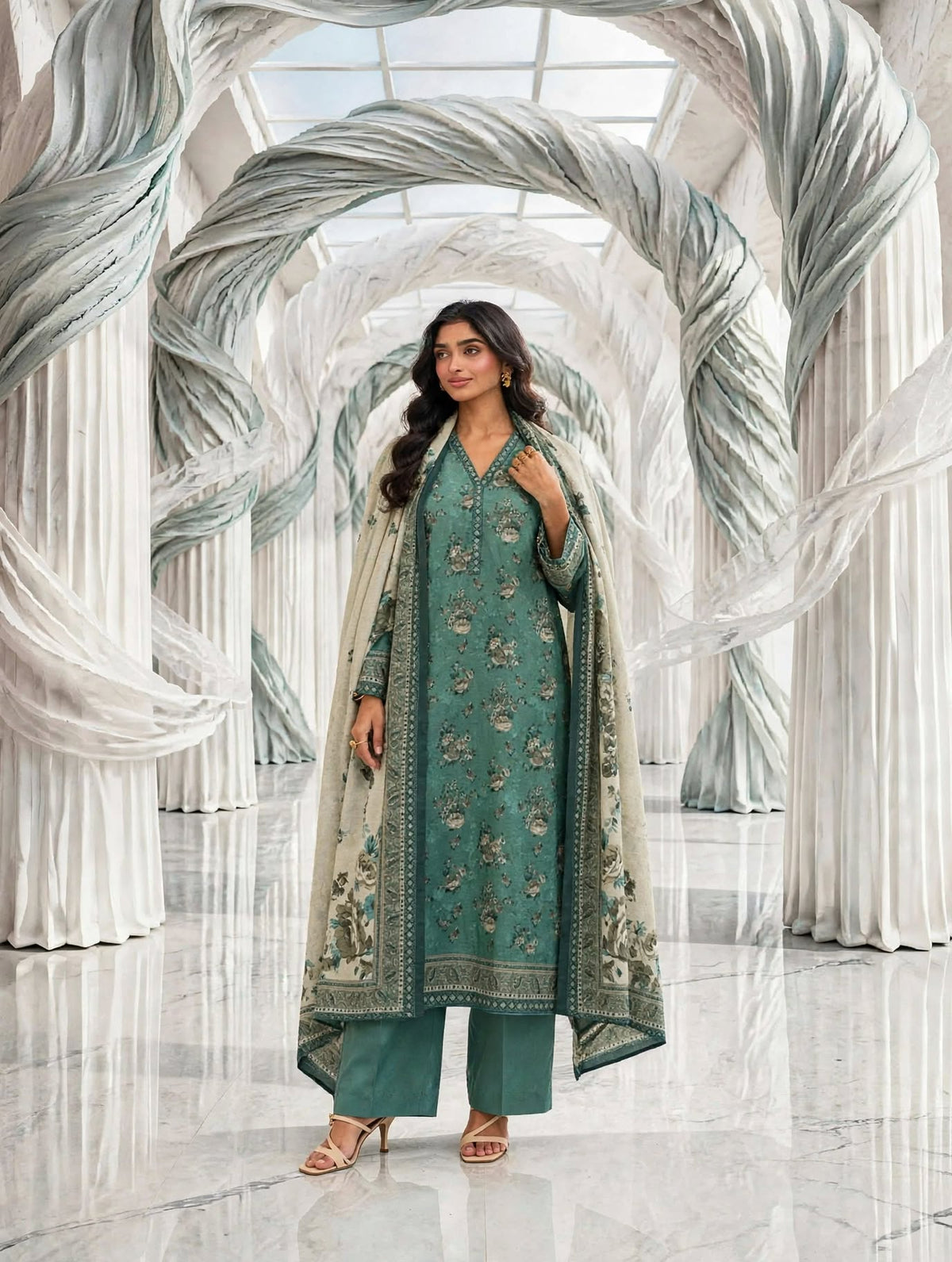 Binsaeed khaddar stiched shalwar kameez 3 pc aquaskn