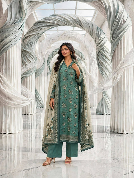 Binsaeed khaddar stiched shalwar kameez 3 pc aquaskn