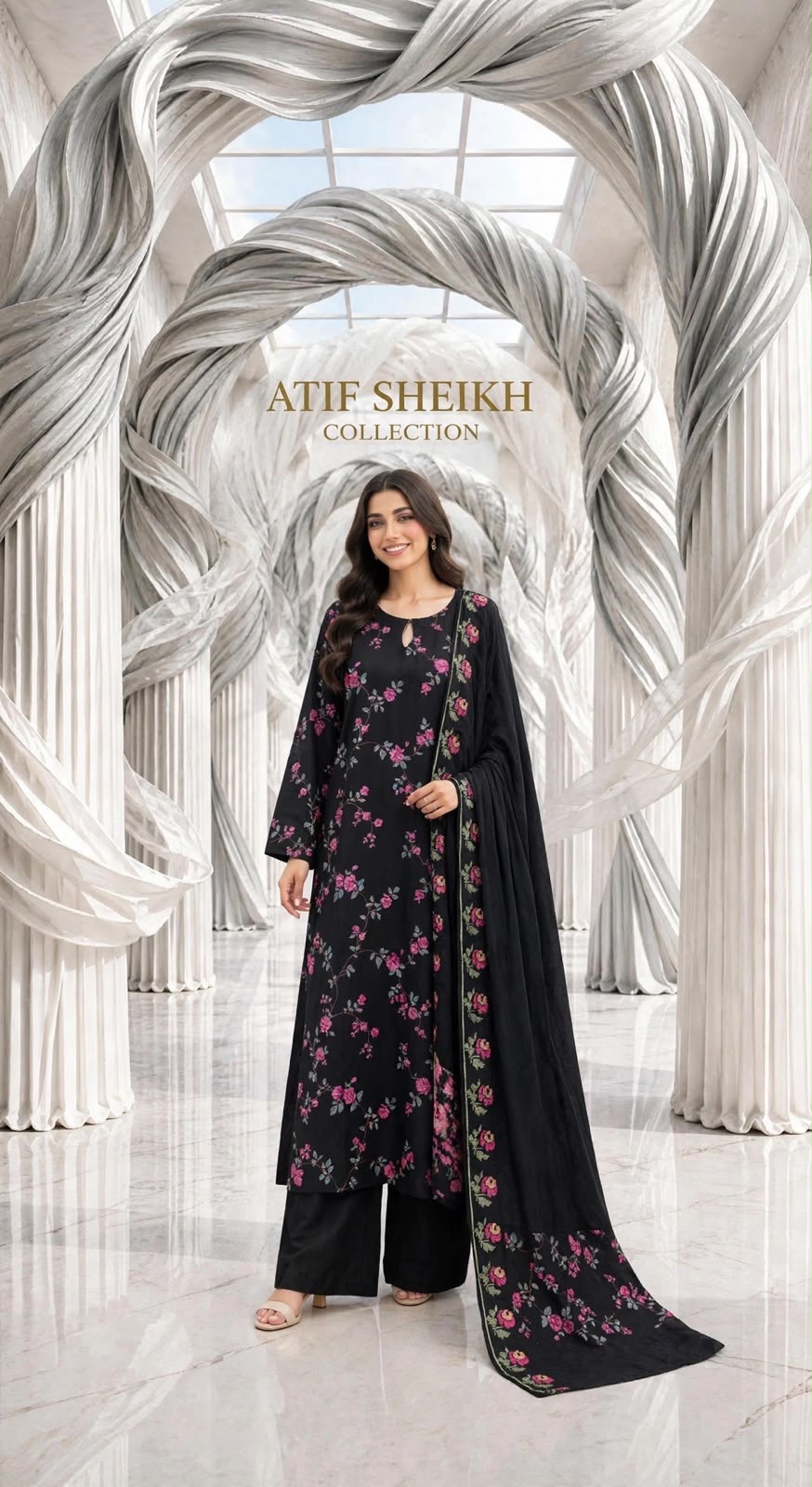 Karandi embroidered stiched shirt trouser 3pc blkpnk